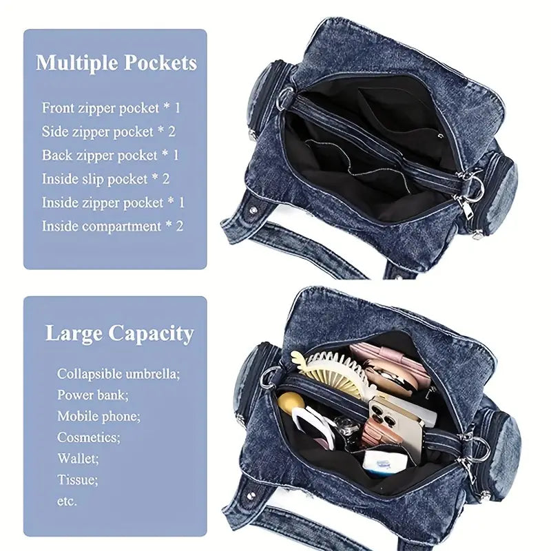Borsa a tracolla in denim con tasche multiple, grande capacità. Include scomparti per ombrello, power bank, cellulare, cosmetici, portafoglio, fazzoletti.