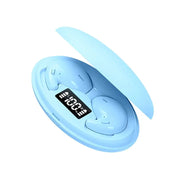 Cuffie wireless Bluetooth blu con custodia di ricarica, display LED digitale, design compatto e moderno, ideali per musica e chiamate.