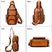 Zaino a tracolla in pelle marrone, design multifunzionale con tasche multiple, vista frontale, laterale, posteriore e inferiore. Accessorio moda uomo.