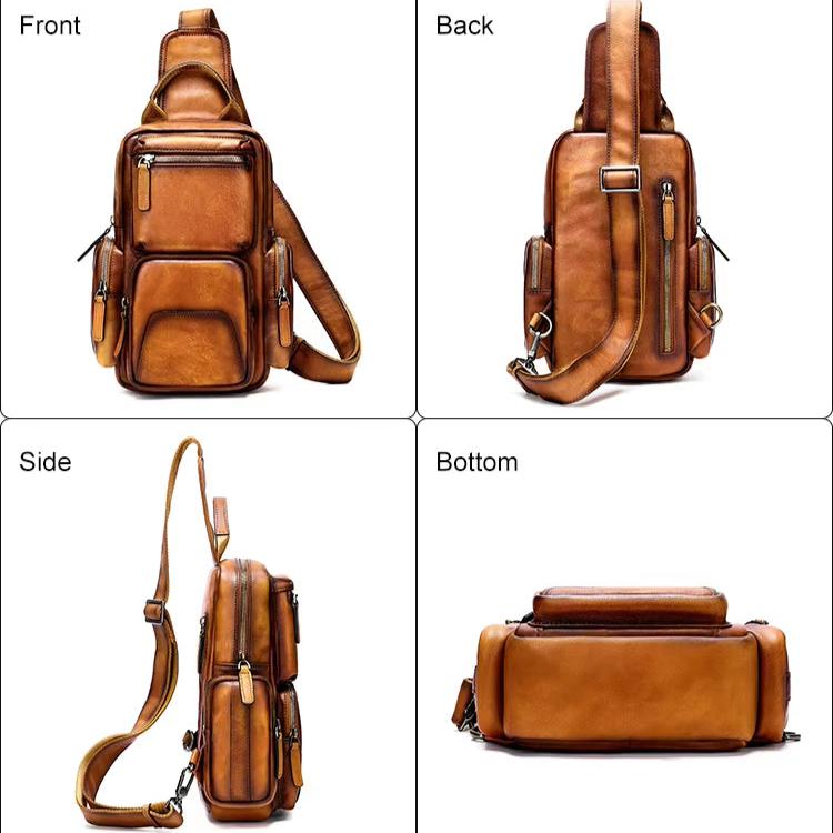 Zaino a tracolla in pelle marrone, design multifunzionale con tasche multiple, vista frontale, laterale, posteriore e inferiore. Accessorio moda uomo.