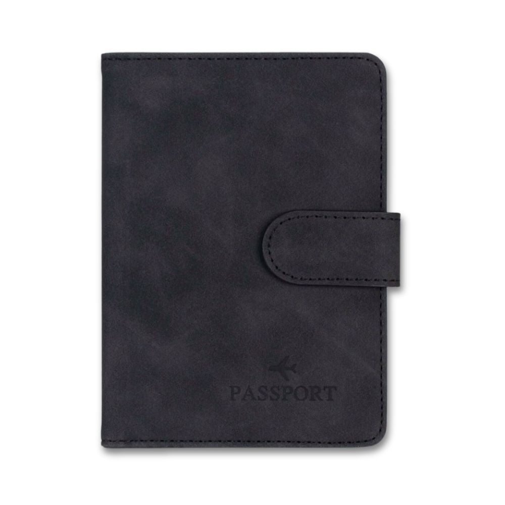 Custodia passaporto in pelle nera, design elegante con chiusura a bottone. Accessorio da viaggio essenziale, protezione documenti.