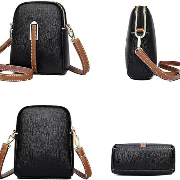 Borsa a tracolla in pelle nera con cinghia marrone, design compatto, chiusura a zip, vista frontale, laterale e inferiore. Accessorio moda elegante.