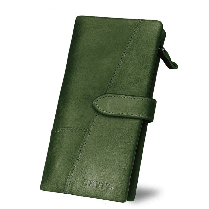 Portafoglio donna in pelle verde, design elegante con chiusura a bottone, ideale per moda e accessori. Perfetto per Google Shopping.