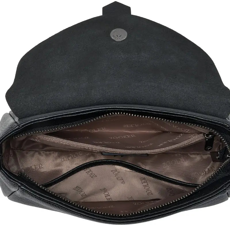 Borsa a tracolla nera in pelle con interno foderato, chiusura a zip e bottone magnetico. Design elegante e spazioso per donna.