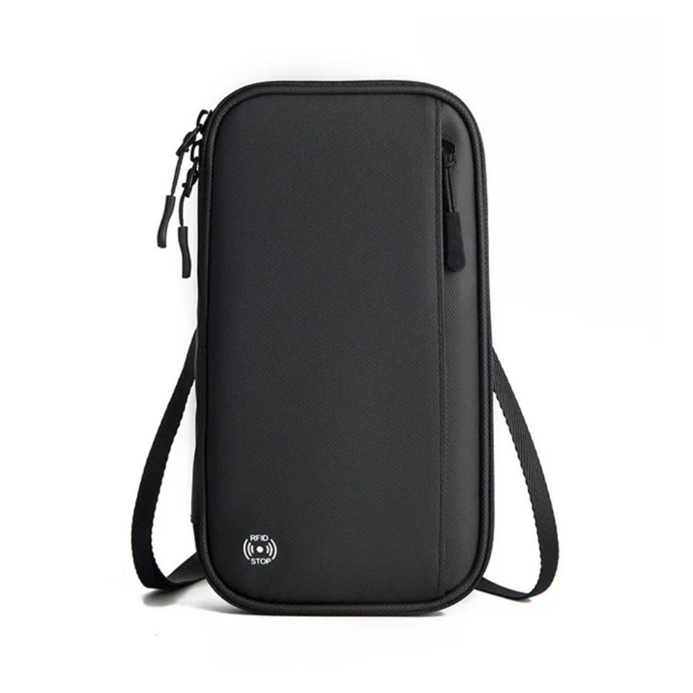 Custodia nera a tracolla con protezione RFID, tasca frontale con zip, ideale per smartphone e accessori. Design elegante e funzionale.
