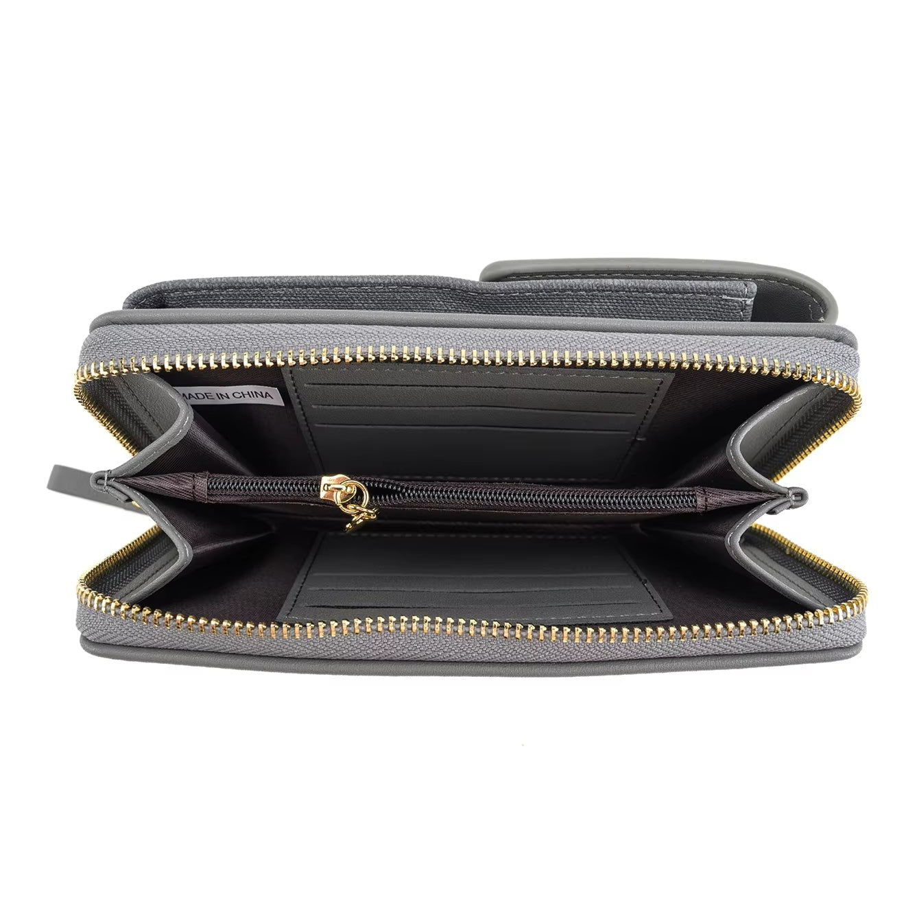 Portafoglio in pelle grigia con cerniera dorata, scomparti multipli e tasca interna con zip. Accessorio moda elegante e funzionale per donna.
