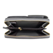 Portafoglio in pelle grigia con cerniera dorata, scomparti multipli e tasca interna con zip. Accessorio moda elegante e funzionale per donna.