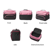 Borsa termica rosa e nera, vista frontale, posteriore e laterale, con struttura interna. Ideale per picnic, viaggi, conservazione cibo.