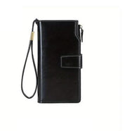 Portafoglio nero in pelle con cinturino da polso, design elegante e chiusura a scatto, ideale per uomo e donna. Accessorio moda versatile.