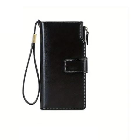 Portafoglio nero in pelle con cinturino da polso, design elegante e chiusura a scatto, ideale per uomo e donna. Accessorio moda versatile.