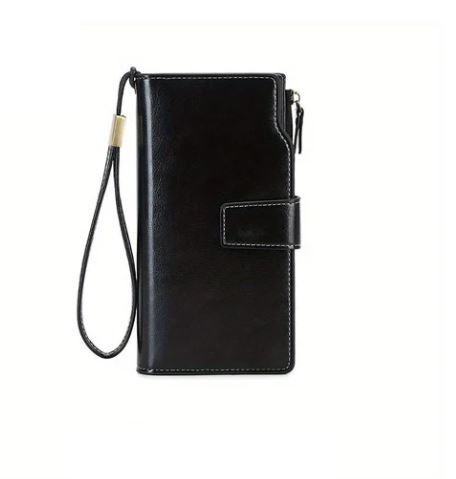 Portafoglio nero in pelle con cinturino da polso, design elegante e chiusura a scatto, ideale per uomo e donna. Accessorio moda versatile.