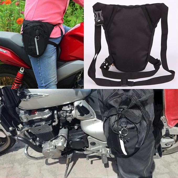 Marsupio da gamba nero per motociclisti, resistente e impermeabile, con cinghie regolabili. Ideale per viaggi in moto e attività all'aperto.