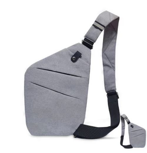 Zaino monospalla grigio, design moderno e compatto, con tracolla regolabile e tasche multiple. Ideale per viaggi e uso quotidiano.
