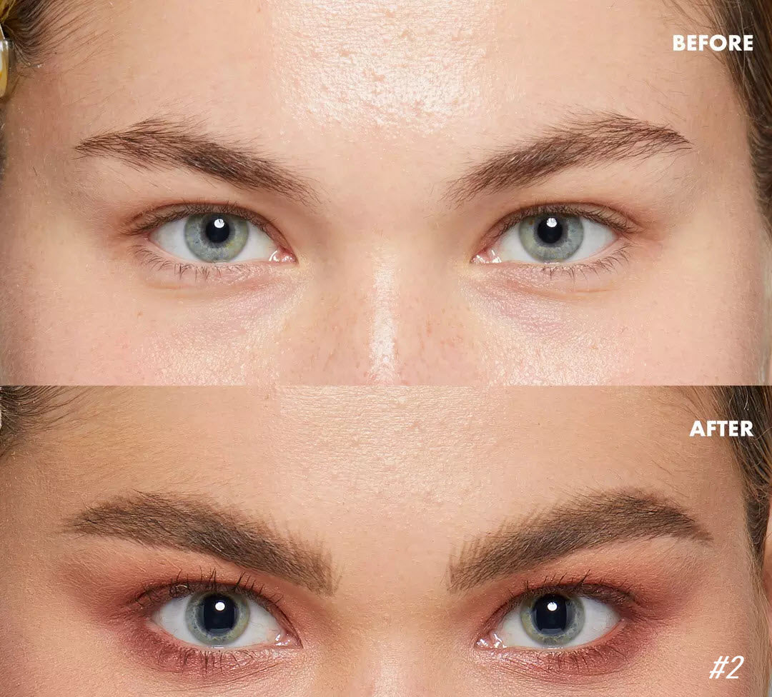Prima e dopo trucco occhi: sopracciglia definite, ombretto marrone, ciglia voluminose. Trasformazione make-up naturale e sofisticata.