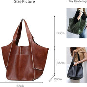 Borsa a spalla in pelle marrone, dimensioni 32x28x30 cm, con tasca frontale. Immagini di modelli che indossano vari colori. Accessorio moda donna.