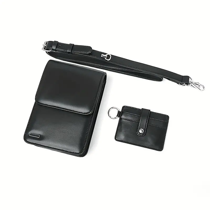 Borsa a tracolla in pelle nera con portachiavi coordinato, design elegante e minimalista, ideale per uomo, accessori moda, alta qualità.