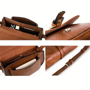 Borsa a tracolla in pelle marrone, design elegante, chiusura a bottone, tasche interne, tracolla regolabile. Accessorio moda donna.