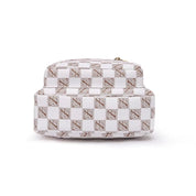 Borsa a tracolla in pelle bianca con motivo a scacchi marroni, design elegante e moderno, ideale per moda donna, accessorio di lusso.