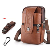 Borsa a tracolla in pelle marrone con cerniere multiple, cinturino regolabile e moschettone. Ideale per uomo, compatta e versatile.