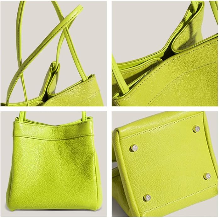 Borsa a tracolla in pelle gialla, design moderno, dettagli metallici, texture granulosa, vista frontale e inferiore. Accessorio moda donna elegante.