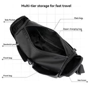 Zaino nero multi-scomparto con tasche laterali, tasca frontale e tasca sandwich, ideale per viaggi veloci. Design funzionale e spazioso.