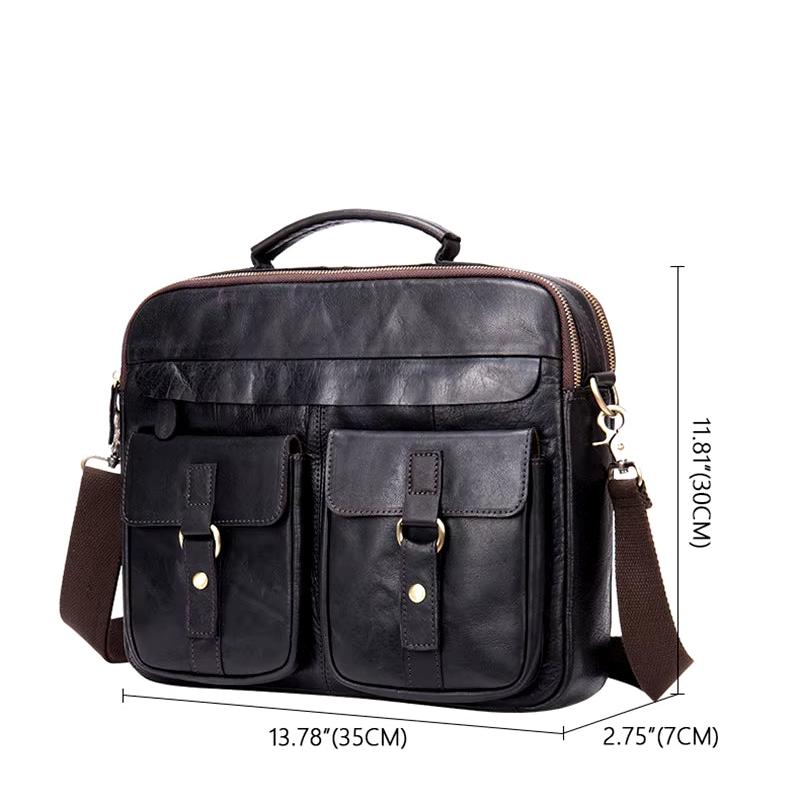 Borsa a tracolla in pelle nera, dimensioni 35x7x30 cm, con tasche frontali e tracolla regolabile. Elegante e pratica per lavoro e viaggio.