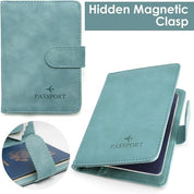 Custodia passaporto in pelle blu con chiusura magnetica nascosta, design elegante e funzionale, ideale per viaggiatori.