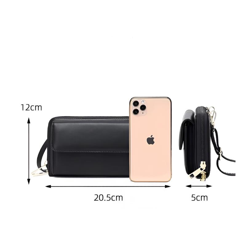 Portafoglio nero in pelle con cerniera, dimensioni 20,5x12x5 cm, accanto a smartphone dorato. Accessorio elegante e compatto per uomo e donna.