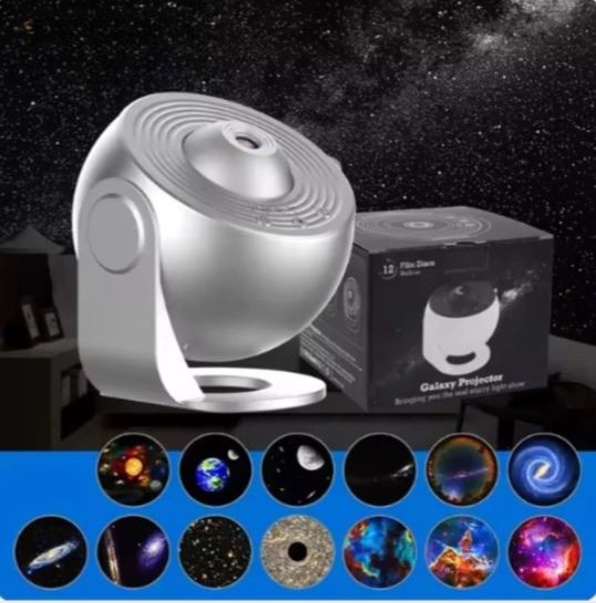 Proiettore galassia LED argento con scatola, proiezioni di stelle e pianeti. Ideale per decorazioni luminose, effetti cielo stellato.