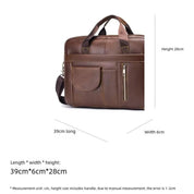 Borsa da lavoro in pelle marrone con manici, tasche frontali e cerniera. Dimensioni: 39x6x28 cm. Elegante e funzionale per ufficio e viaggi.