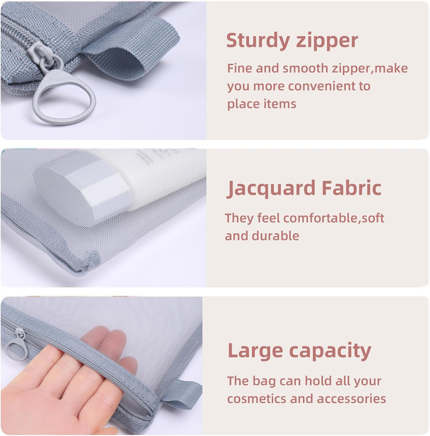 Borsa cosmetica in tessuto jacquard grigio con cerniera robusta, grande capacità per trucchi e accessori, design elegante e durevole.