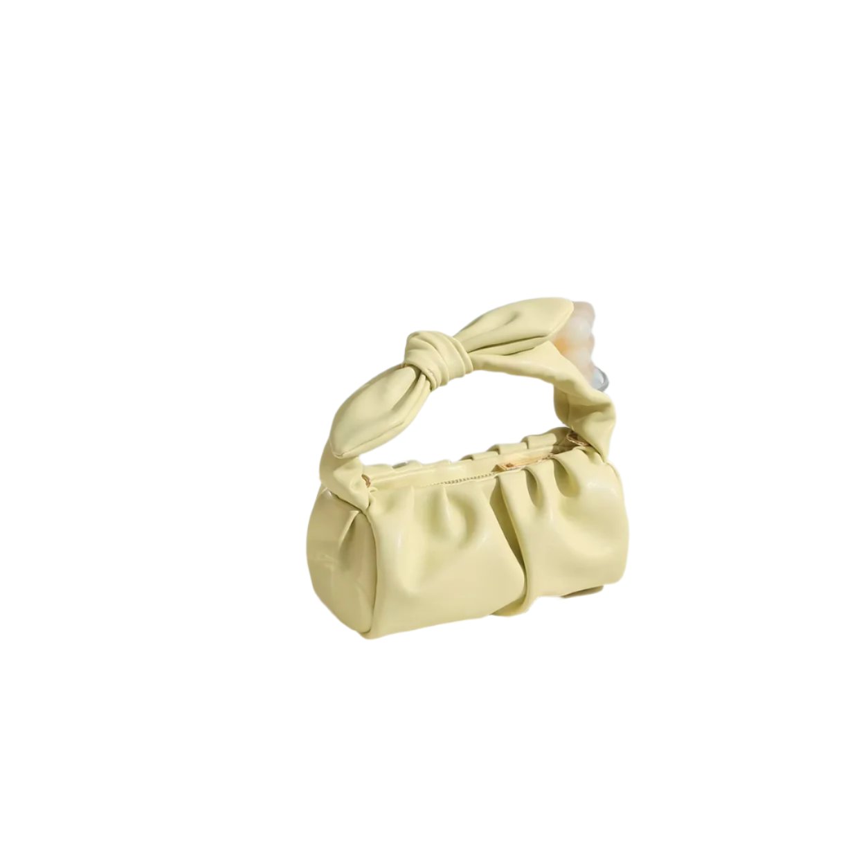 Borsa a mano in pelle gialla con manico a nodo, design elegante e moderno, accessorio moda donna, perfetta per eventi e uscite serali.