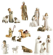 Statue del presepe Willow Tree: figure in resina dipinta a mano, pastori, animali e angeli. Decorazione natalizia artigianale, dettagli realistici.
