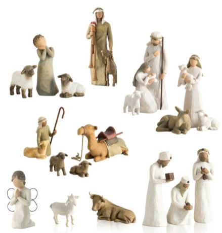 Statue del presepe Willow Tree: figure in resina dipinta a mano, pastori, animali e angeli. Decorazione natalizia artigianale, dettagli realistici.