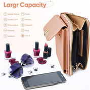 Portafoglio donna in pelle beige con grande capacità, scomparti multipli, adatto per cellulare, carte, cosmetici. Accessori inclusi: occhiali, rossetto.