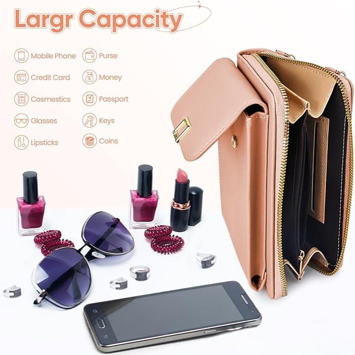 Portafoglio donna in pelle beige con grande capacità, scomparti multipli, adatto per cellulare, carte, cosmetici. Accessori inclusi: occhiali, rossetto.