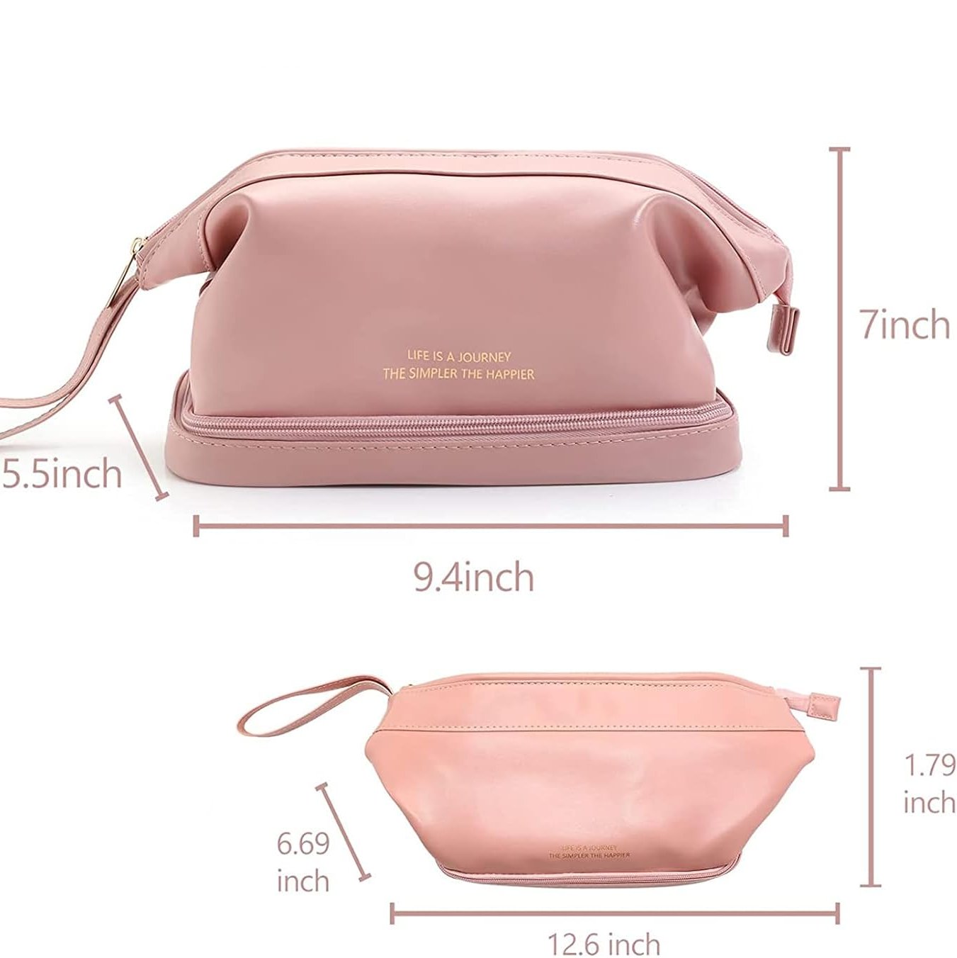 Borsa da toilette rosa in pelle sintetica, dimensioni 9,4x7x5,5 pollici, con cerniera e manico. Ideale per viaggi, cosmetici e accessori.
