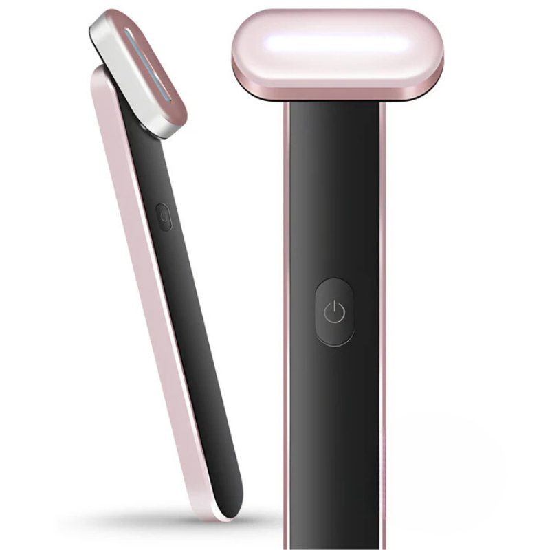 Dispositivo massaggio viso rosa e nero, portatile, con pulsante accensione. Strumento bellezza per cura pelle, anti-invecchiamento, lifting viso.