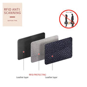Custodia protettiva RFID in pelle, tre strati, anti-scansione, previene furti di dati. Ideale per carte di credito e documenti sensibili.