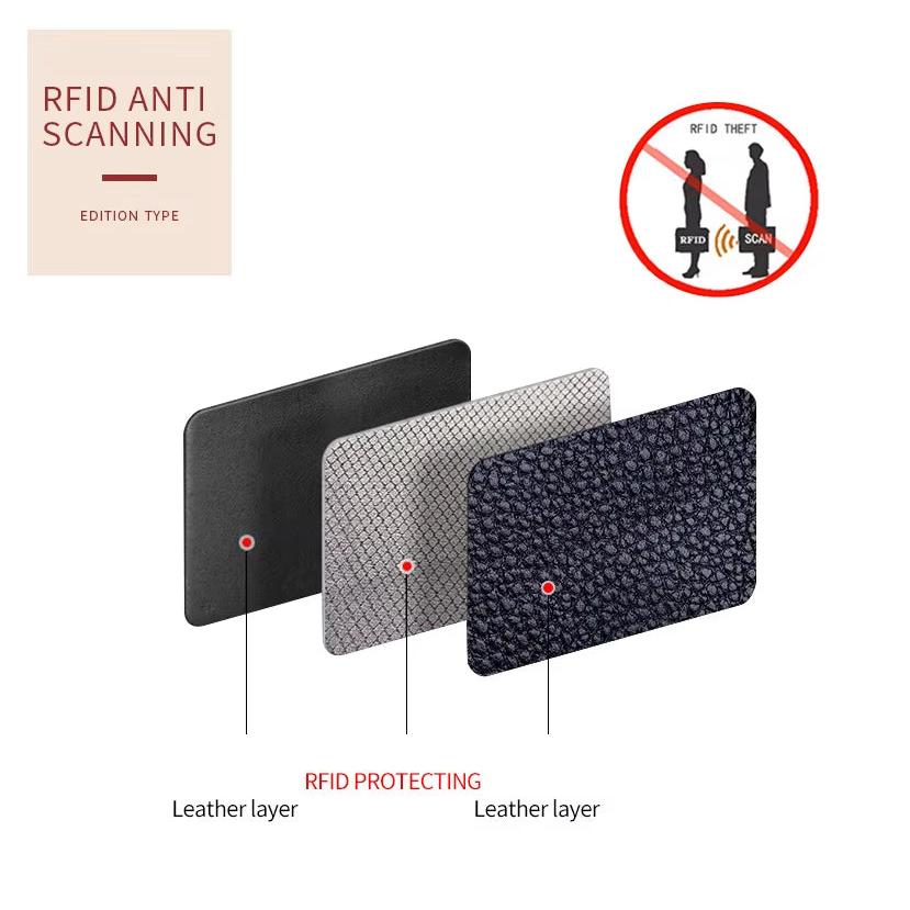 Custodia protettiva RFID in pelle, tre strati, anti-scansione, previene furti di dati. Ideale per carte di credito e documenti sensibili.