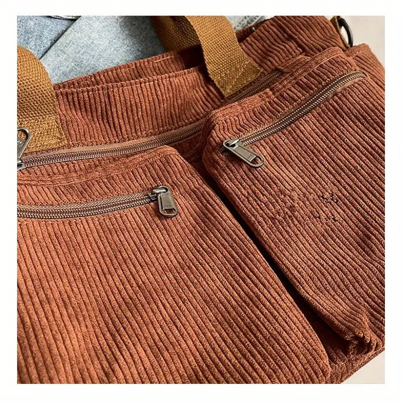 Borsa a tracolla in velluto a coste marrone con doppie tasche con cerniera, manici in tessuto beige. Accessorio moda casual e pratico.