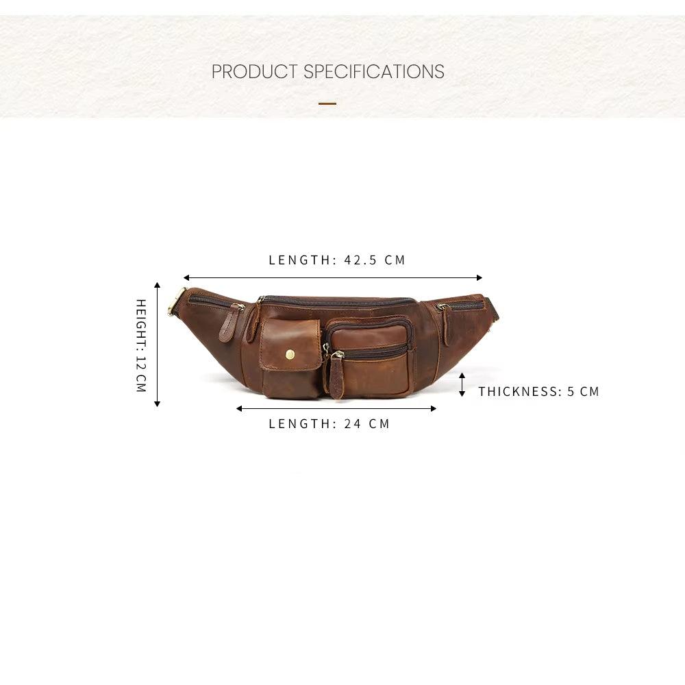 Marsupio in pelle marrone con tasche multiple, dimensioni: 42,5x12x5 cm. Accessorio moda uomo/donna, pratico per viaggi e attività all'aperto.
