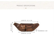 Marsupio in pelle marrone con tasche multiple, dimensioni: 42,5x12x5 cm. Accessorio moda uomo/donna, pratico per viaggi e attività all'aperto.
