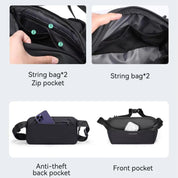 Borsa a tracolla nera con tasche multiple: tasche con cerniera, tasche con cordino, tasca frontale e posteriore antifurto. Design pratico e sicuro.