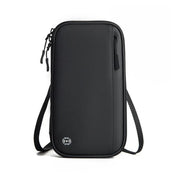 Borsa a tracolla nera con protezione RFID, tasca frontale con zip, design elegante e compatto, ideale per viaggi e uso quotidiano.