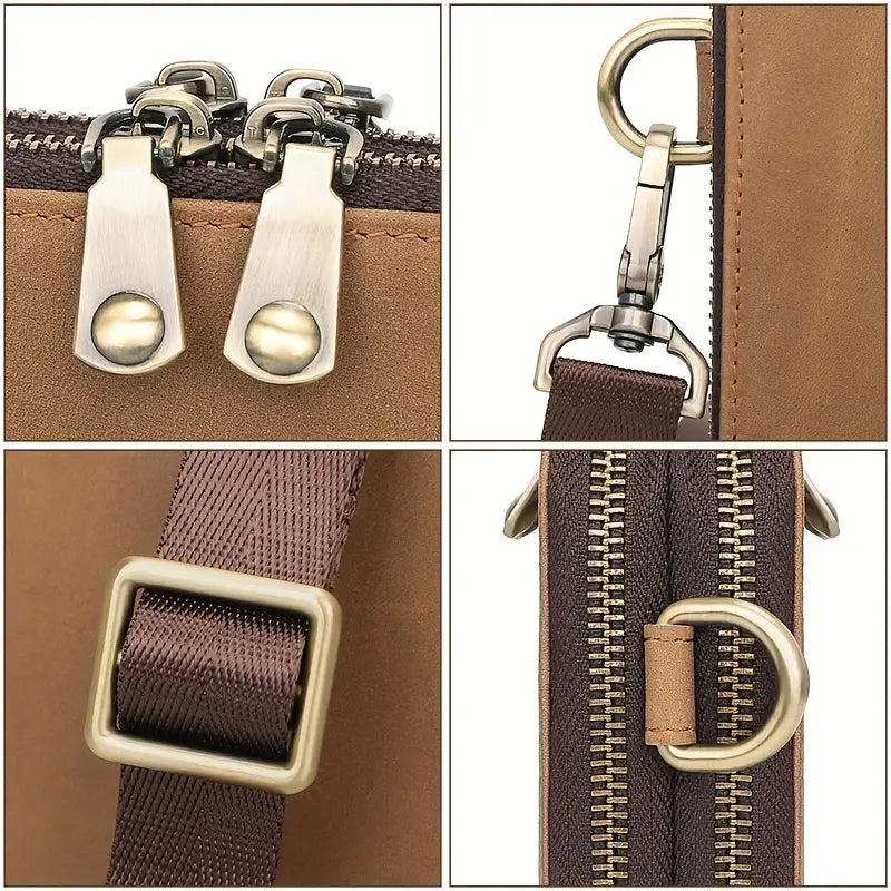 Dettagli borsa in pelle marrone con cerniera robusta, fibbia in metallo, gancio e cinturino regolabile. Accessori moda di alta qualità.