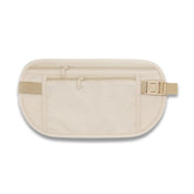 Marsupio da viaggio beige con doppia cerniera, tasche multiple e cintura regolabile. Accessorio sicuro per documenti e denaro.