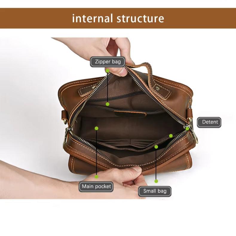 Borsa a tracolla in pelle marrone aperta, mostra tasca principale, tasca con zip e tasca piccola. Design elegante e funzionale per uomo e donna.