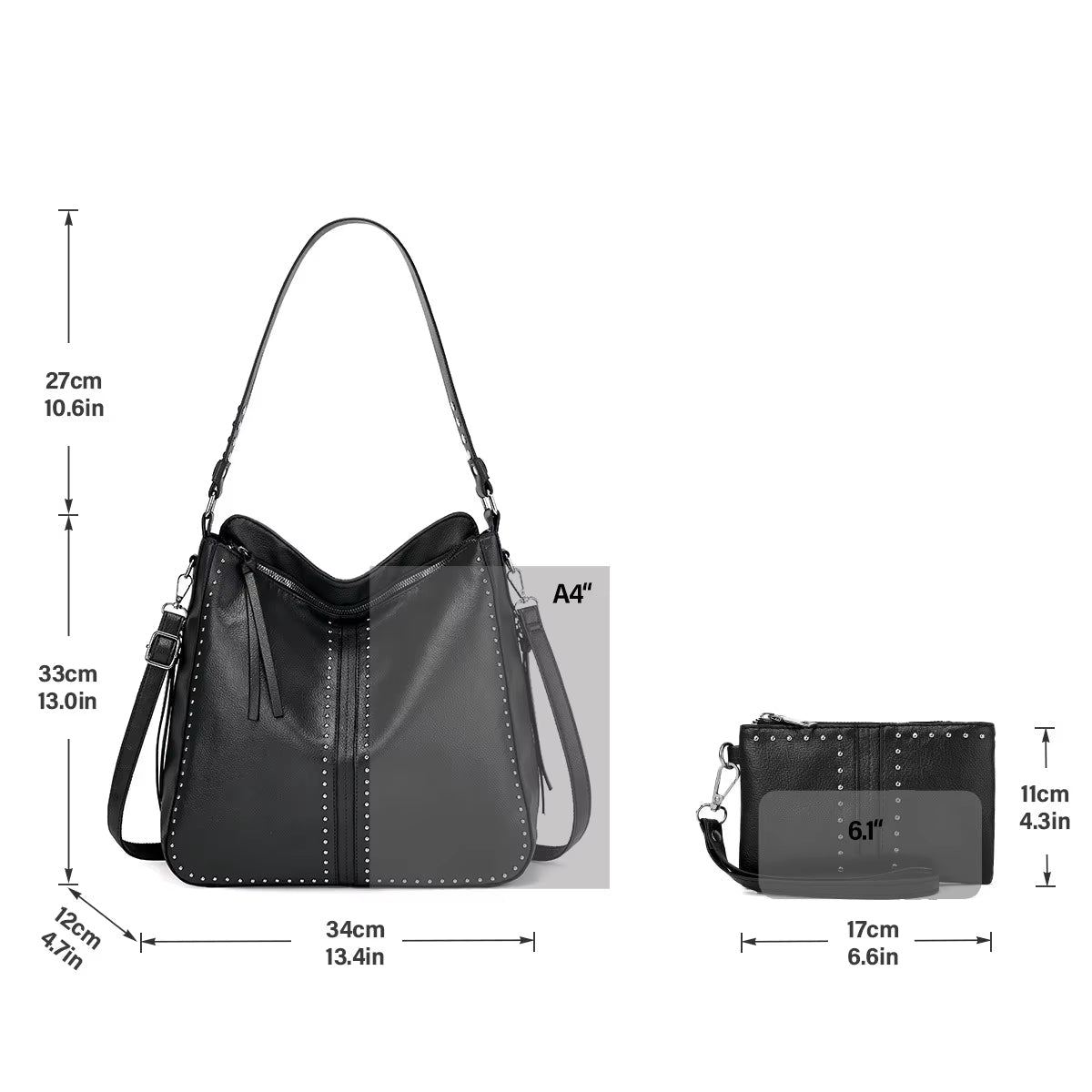 Borsa a tracolla nera in pelle con borchie, dimensioni 34x33x12 cm, include pochette 17x11 cm. Design elegante, perfetta per uso quotidiano.