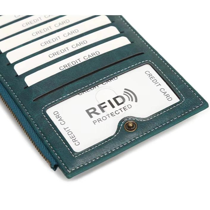 Portafoglio in pelle verde con protezione RFID, scomparti per carte di credito, design elegante e sicuro, ideale per uomo e donna.